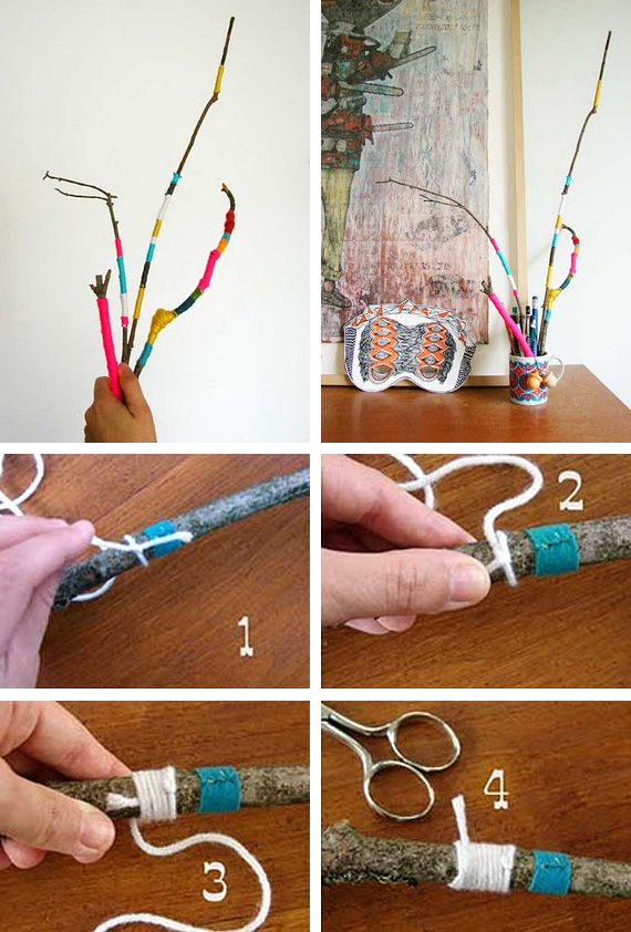 Decorated yarn twigs Decorated yarn twigs