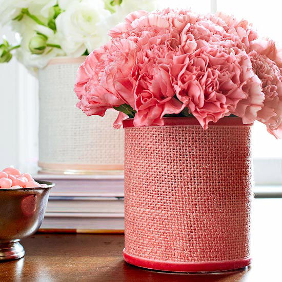 Burlap wrapped flower vases