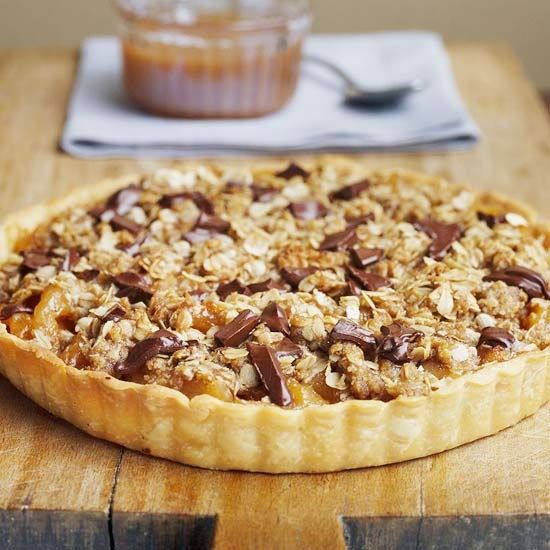 Dried pear and chocolate caramel tart
