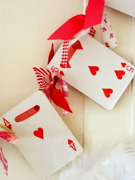 Valentines day garland playing card and knotted fabric Valentines day garland playing card and knotted fabric