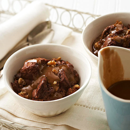 Chocolate walnut bread pudding