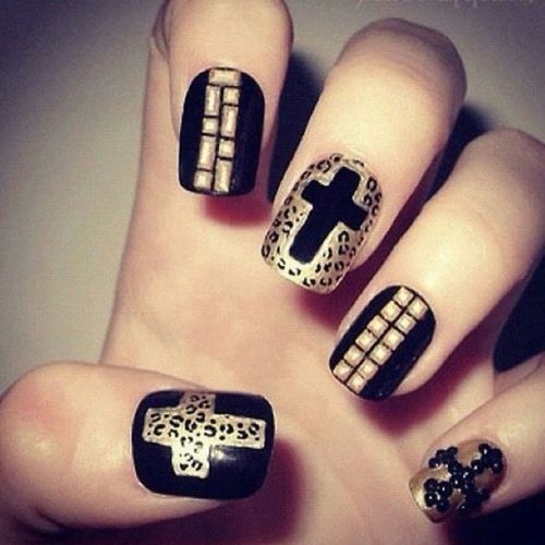 Leopard print cross gold nails