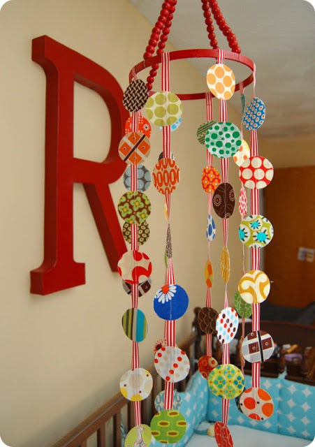 Fabric circle, beads and ribbon mobile