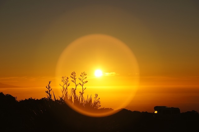 Mobile camper sunset