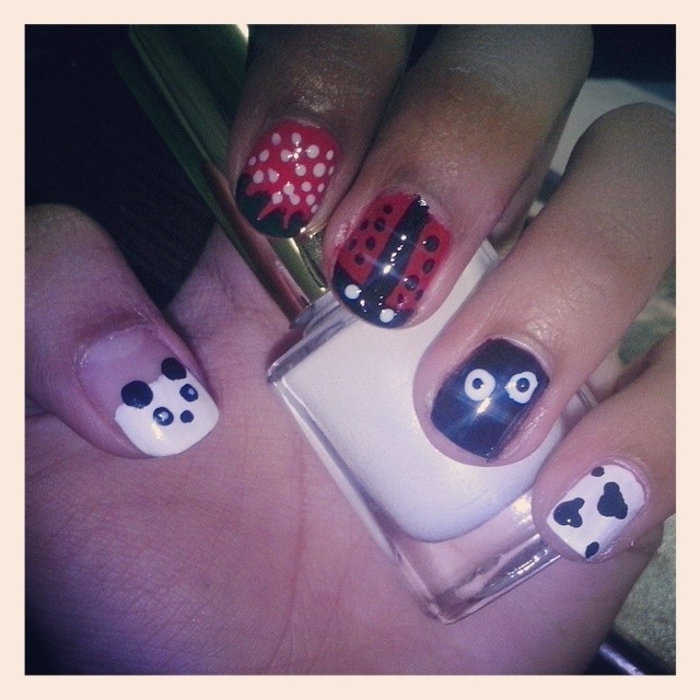 Lady bug and panda bear nails Lady bug and panda bear nails