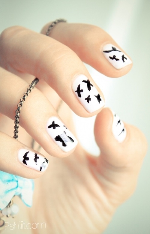 White nails with black birds White nails with black birds