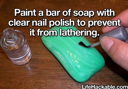 Paint a bar of soup with clear nail polish to prevent it from lathering Paint a bar of soup with clear nail polish to prevent it from lathering