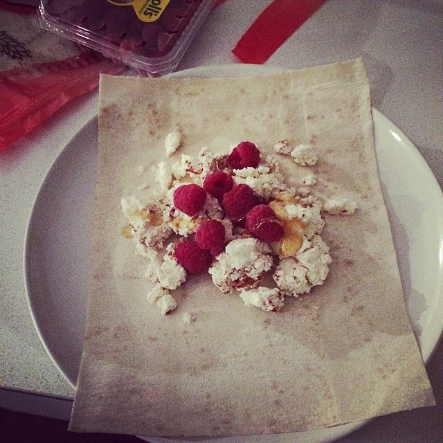Ricotta, cinnamon, honey and raspberry wrap Ricotta, cinnamon, honey and raspberry wrap