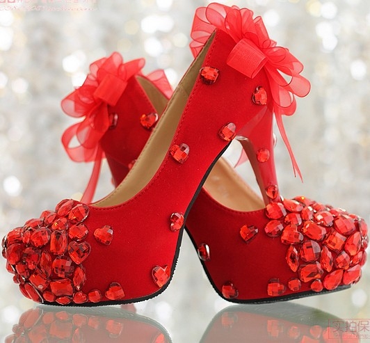 Red Pumps with Rhinestone Hearts