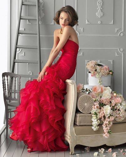 Red Strapless Gown with Ruffles Red Strapless Gown with Ruffles