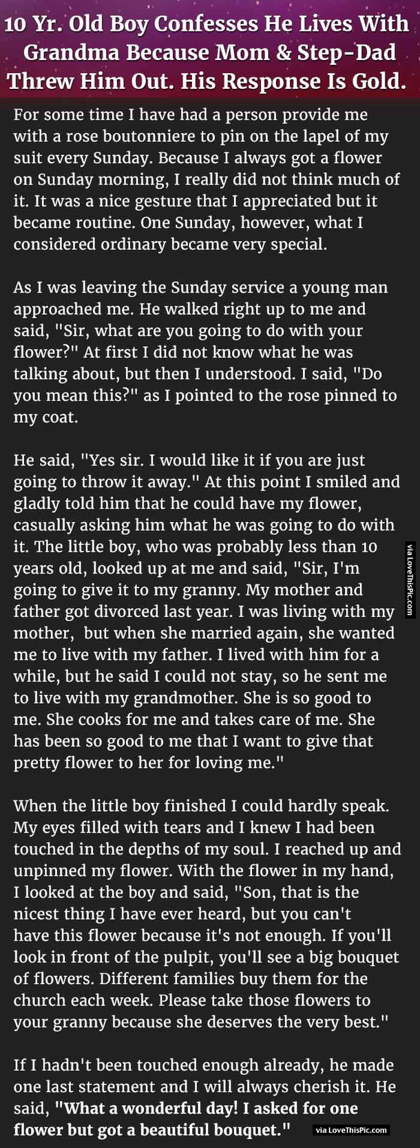 10 Year Old Boy Confesses He Lives With Grandma Because Mom And Step-Dad Threw Him Out. His Response Is Gold.