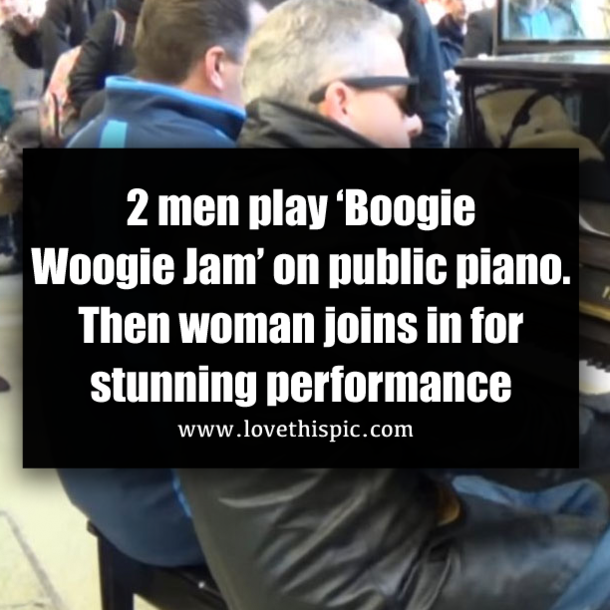 2 men play ‘Boogie Woogie Jam’ on public piano. Then woman joins in for stunning performance