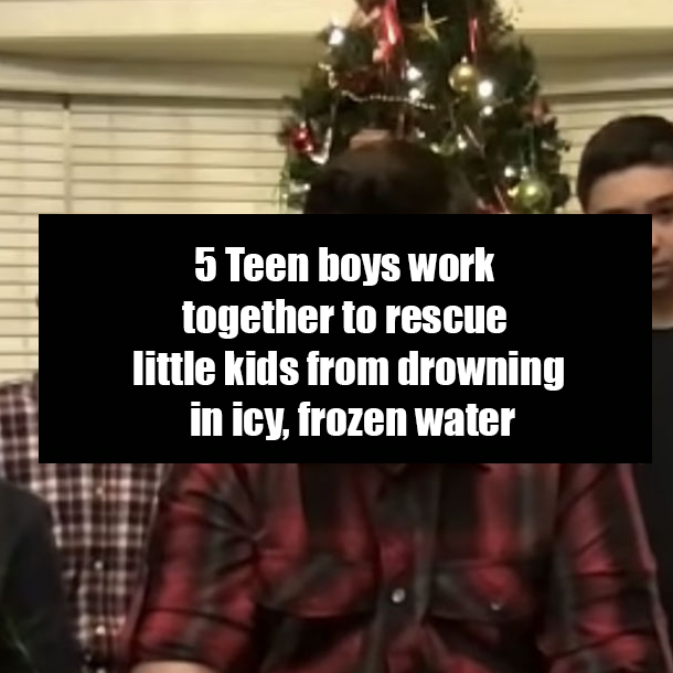 5 Teen boys work together to rescue little kids from drowning in icy, frozen water