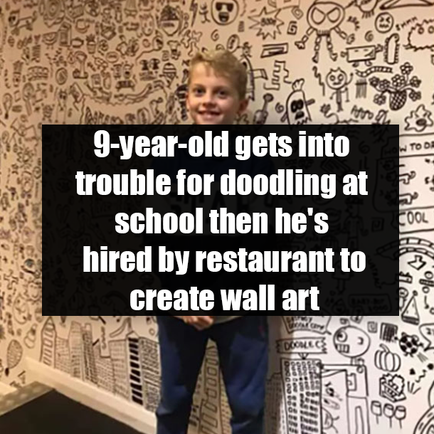 9-year-old gets into trouble for doodling at school then he's hired by restaurant to create wall art