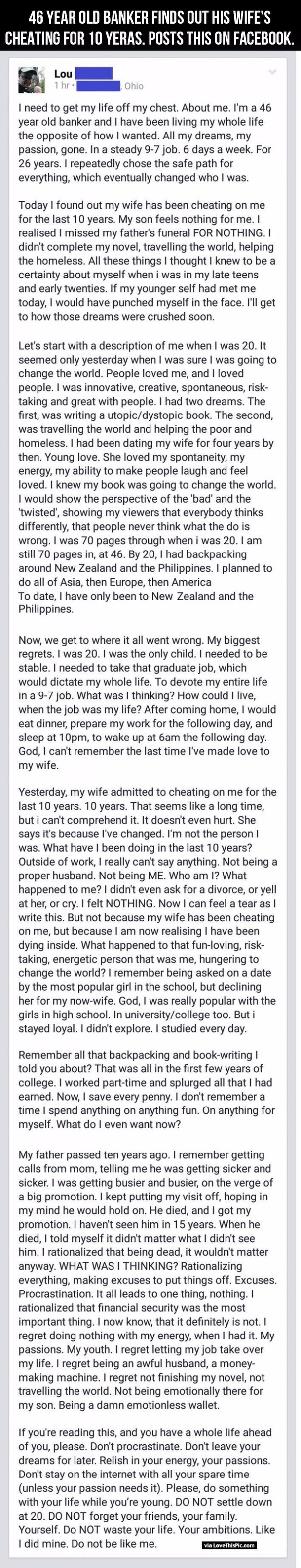 A 46 Year Old Banker Finds Out His Wife’s Been Cheating For 10 Year And Posts This On Facebook.