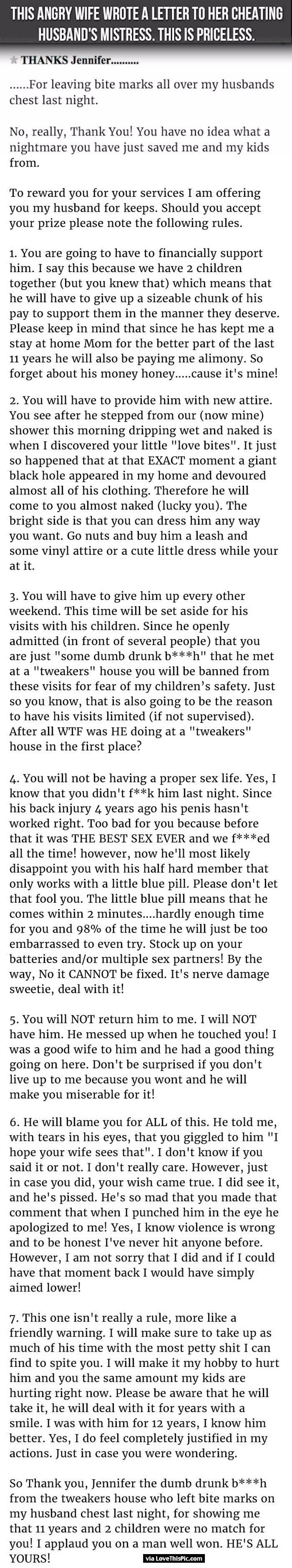 An Angry Wife Wrote A Letter To Her Cheating Husband's Mistress. This Is Priceless!