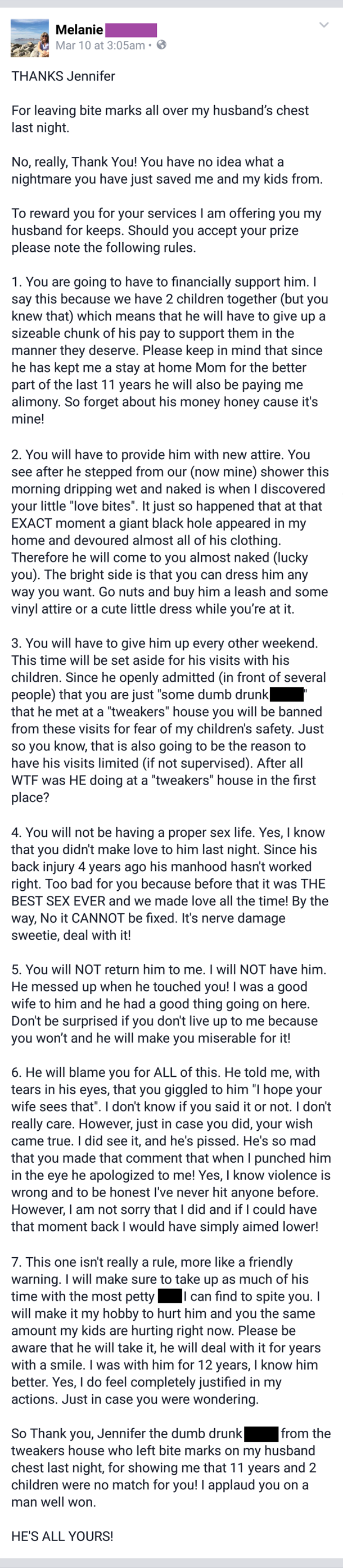 Angry Wife Writes Epic Letter To Cheating Husband's Mistress, Tells Her What To Watch Out For - picture 2