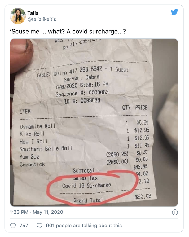 As businesses nationwide start to reopen, some have added a COVID-19 surcharge to bills - picture 2