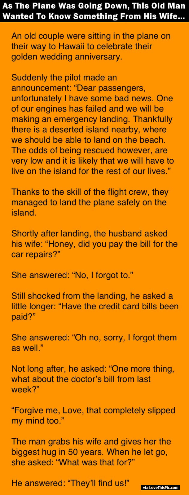 As The Plane Was Going Down, This Old Man Wanted To Know Something From His Wife.