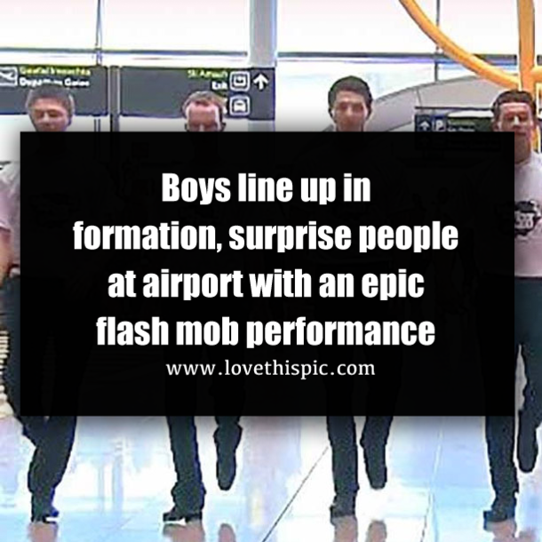 Boys line up in formation, surprise people at airport with an epic flash mob performance