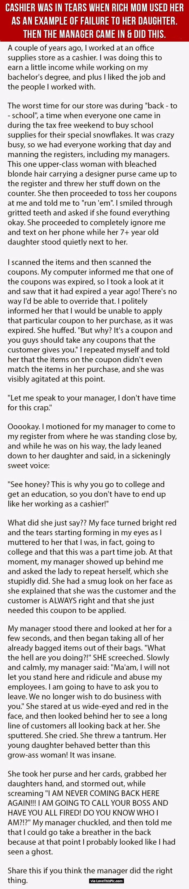 Cashier Is In Tears When This Mom Used Her As An Example Of Failure. Then The Manager Came In & Did This...