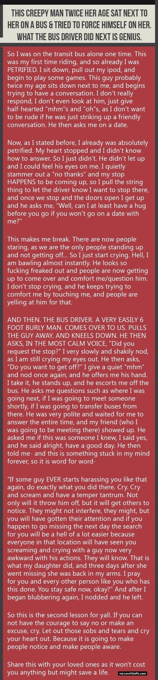 Creepy Man Twice Her Age Sat Next To Her On A Bus & Tried To Force Himself On Her. What The Bus Driver Did Next Is Genius.