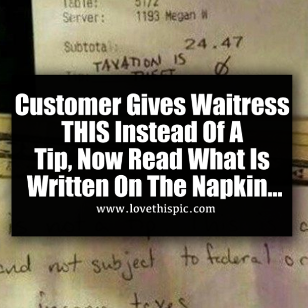 Customer Gives Waitress THIS Instead Of A Tip, Now Read What Is Written On The Napkin...