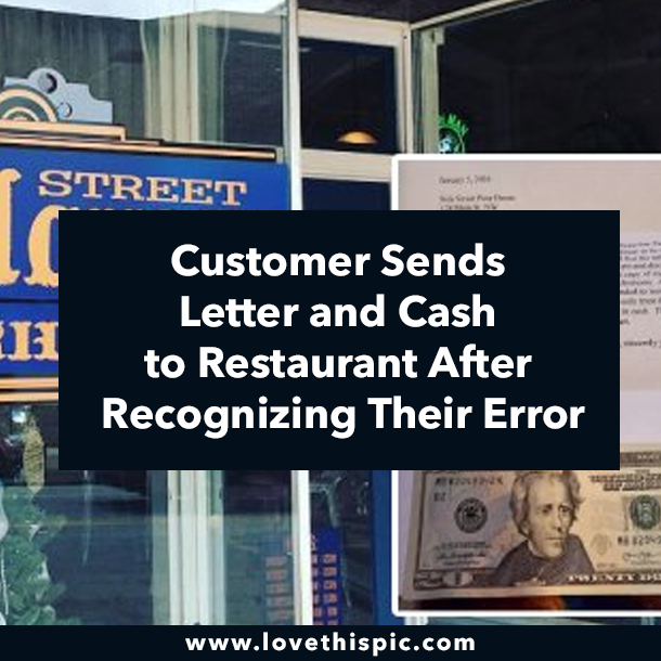 Customer Sends Letter and Cash to Restaurant After Recognizing Their Error