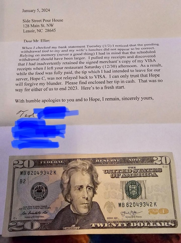 Customer Sends Letter and Cash to Restaurant After Recognizing Their Error - picture 3