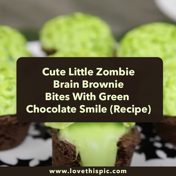 Cute Little Zombie Brain Brownie Bites With Green Chocolate Smile (Recipe)