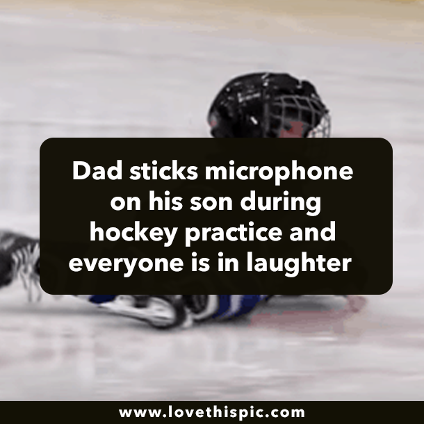 Dad sticks microphone on his son during hockey practice and everyone is in laughter