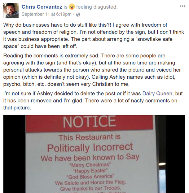 Dairy Queen owner Defends ‘politically incorrect’ sign posted on restaurant door after many oppose it - picture 3