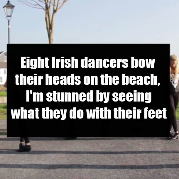 Eight Irish dancers bow their heads on the beach, I'm stunned by seeing what they do with their feet