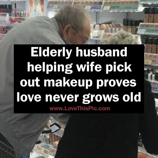 Elderly husband helping wife pick out makeup proves love never grows old
