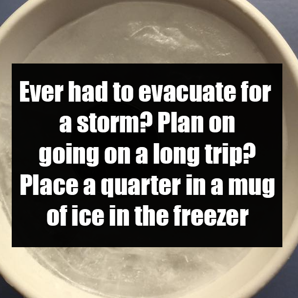 Ever had to evacuate for a storm? Plan on going on a long trip? Place a quarter in a mug of ice in the freezer