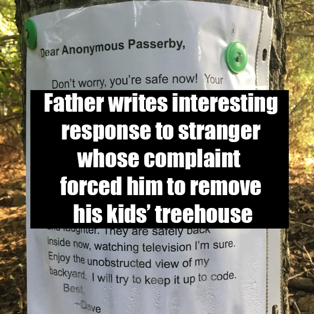 Father writes interesting response to stranger whose complaint forced him to remove his kids’ treehouse
