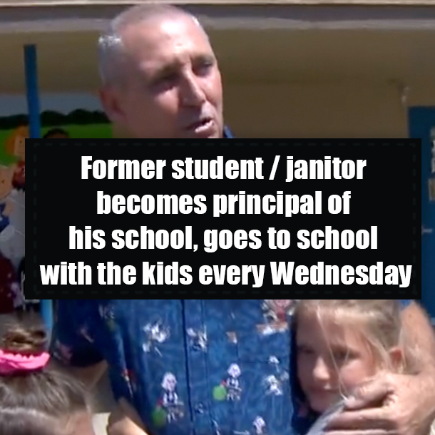 Former student / janitor becomes principal of his school, goes to school with the kids every Wednesday