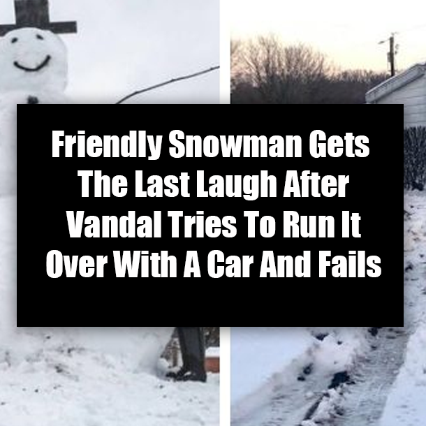 Friendly Snowman Gets The Last Laugh After Vandal Tries To Run It Over With A Car And Fails