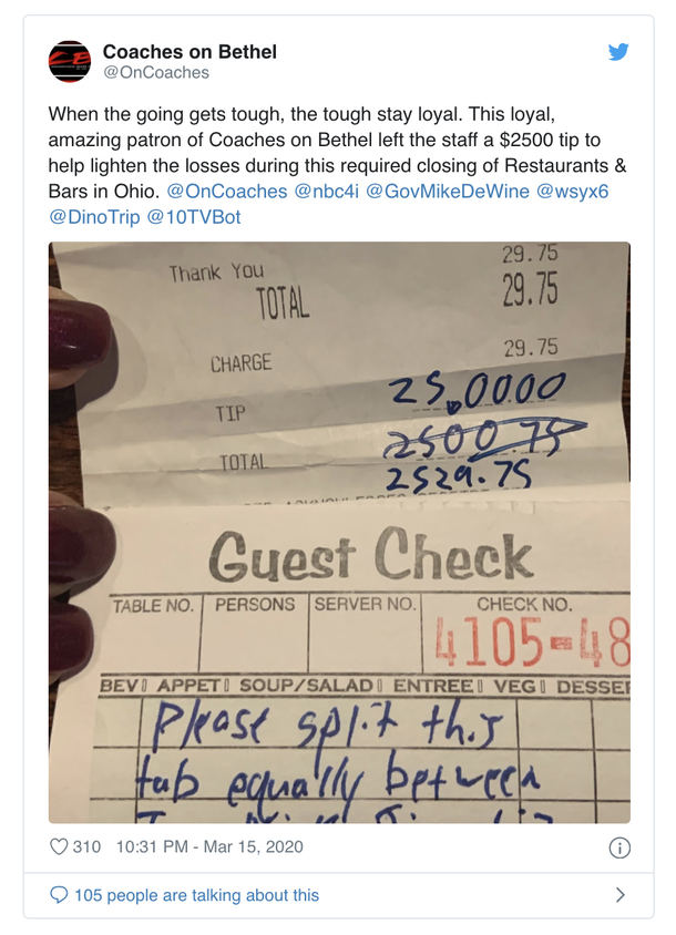 Generous customer gives a $2,500 tip ahead of unfortunate restaurant closure - America at it's finest! - picture 2