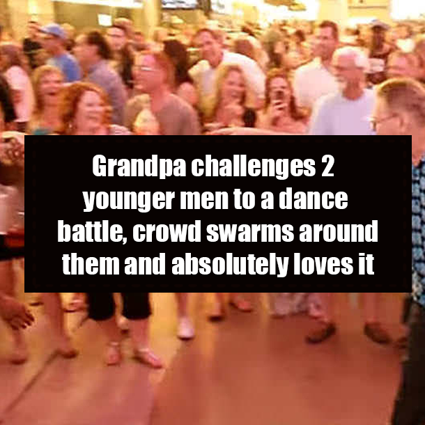 Grandpa challenges 2 younger men to a dance battle, crowd swarms around them and absolutely loves it