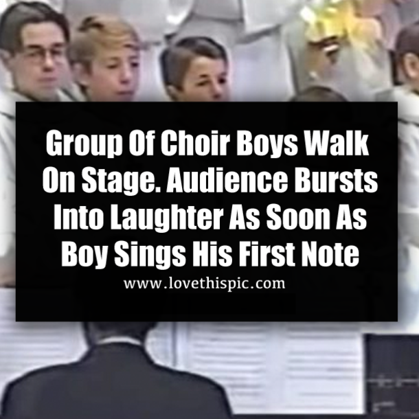Group Of Choir Boys Walk On Stage. Audience Bursts Into Laughter As Soon As Boy Sings His First Note