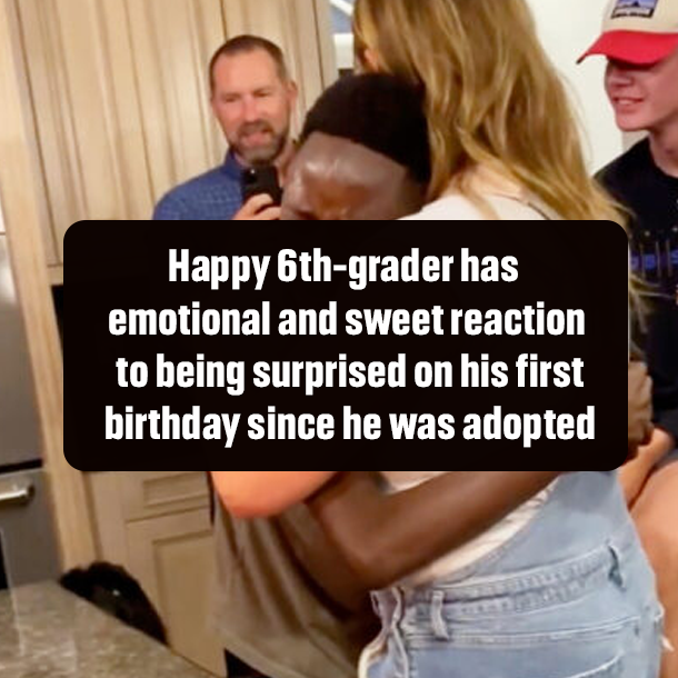 Happy 6th-grader has emotional and sweet reaction to being surprised on his first birthday since he was adopted