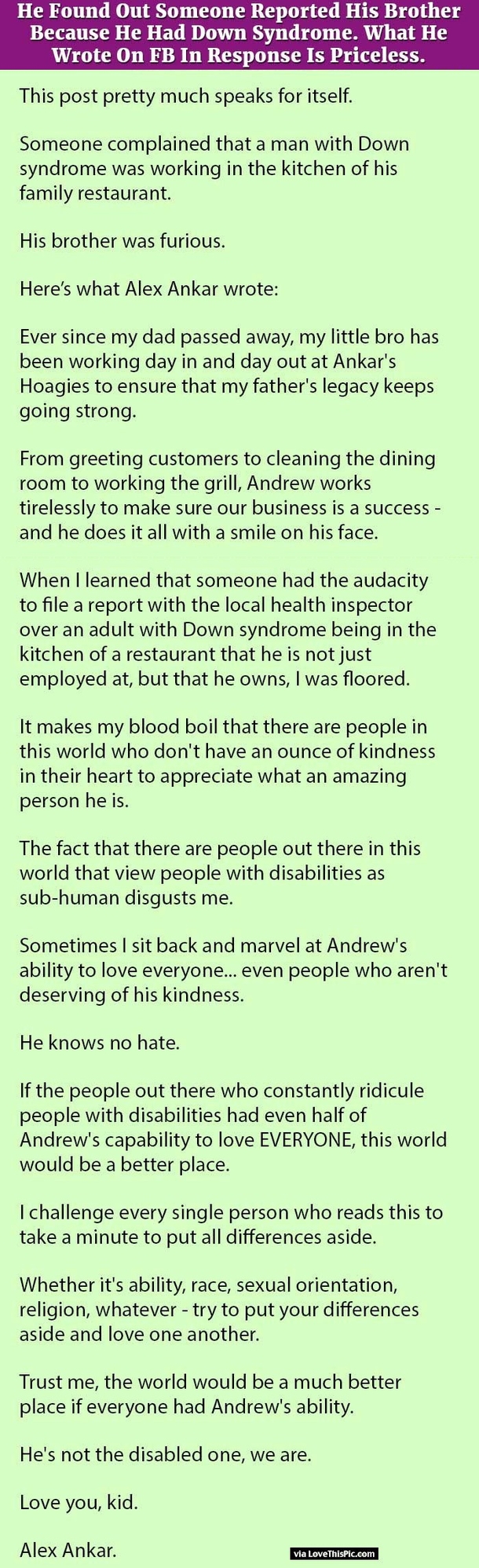 He Found Out Someone Reported His Brother Because He Had Down Syndrome. What He Wrote On FB In Response Is Priceless.