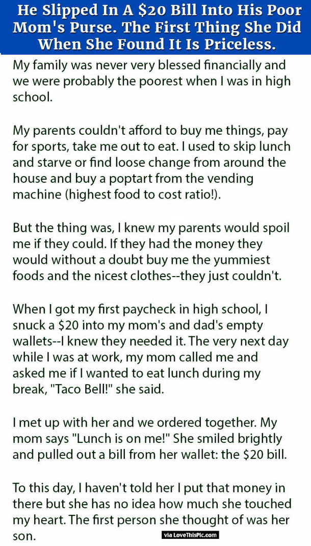 He Slipped A $20 Bill Into His Poor Mom’s Purse. The First Thing She Did When She Found It Is Priceless.