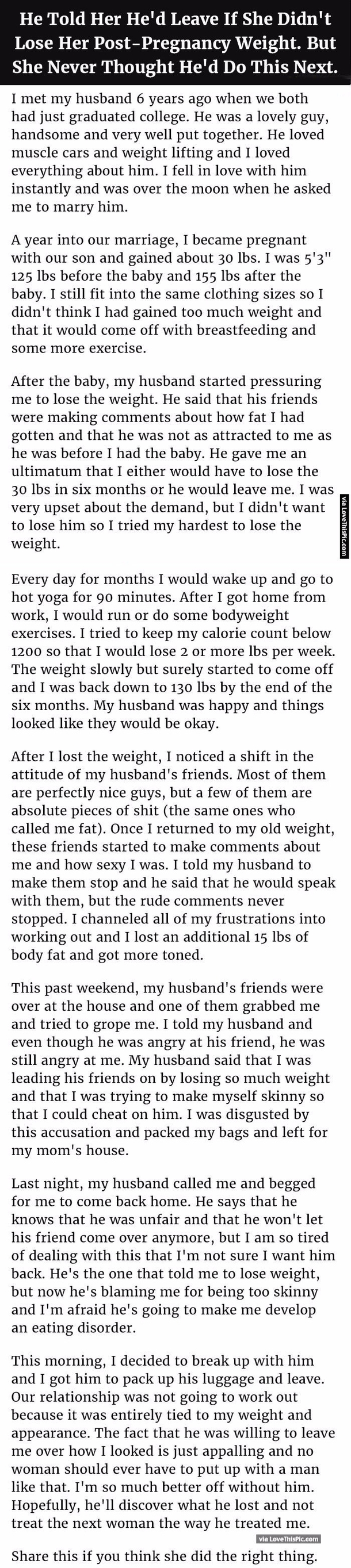 He Told Her He Would Leave Her If She Does Not Lose Her Post-Pregnancy Weight But Never Thought He Would Do This Next