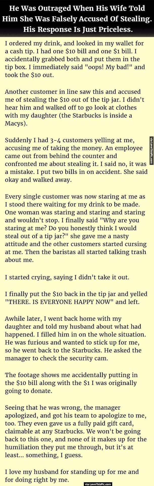 He Was Outraged When His Wife Told Him She Was Falsely Accused Of Stealing. His Response Is Just Priceless.