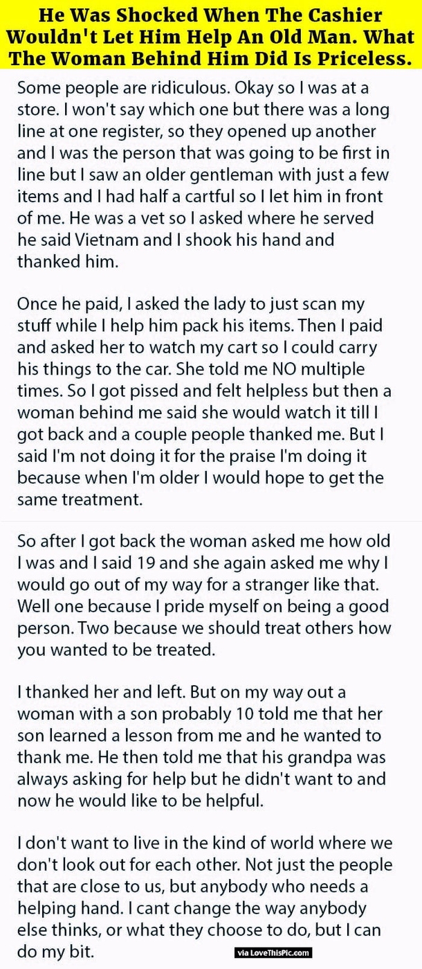 He Was Shocked When The Cashier Wouldn’t Let Him Help An Old Man. What The Woman Behind Him Did Is Priceless.