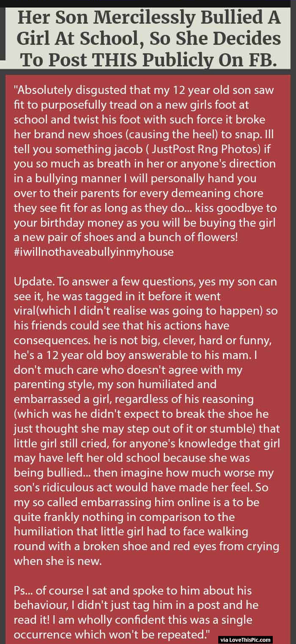 Her Son Mercilessly Bullied A Girl At School, So She Decides To Post THIS Publicly On FB.