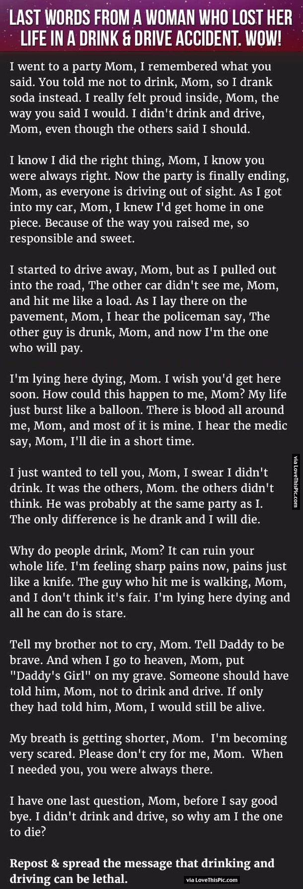 Last Words From A Woman Who Lost Her Life In A Drink And Drive Accident. WOW!