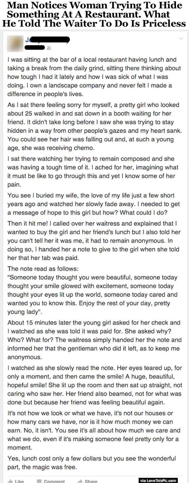 Man Notices Woman Trying To Hide Something At A Restaurant. What He Told The Waiter To Do Is Priceless
